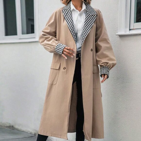 Tan Preppy Womens Gingham Panel Double Breasted Belted Trench Coat - Picture 3 of 5